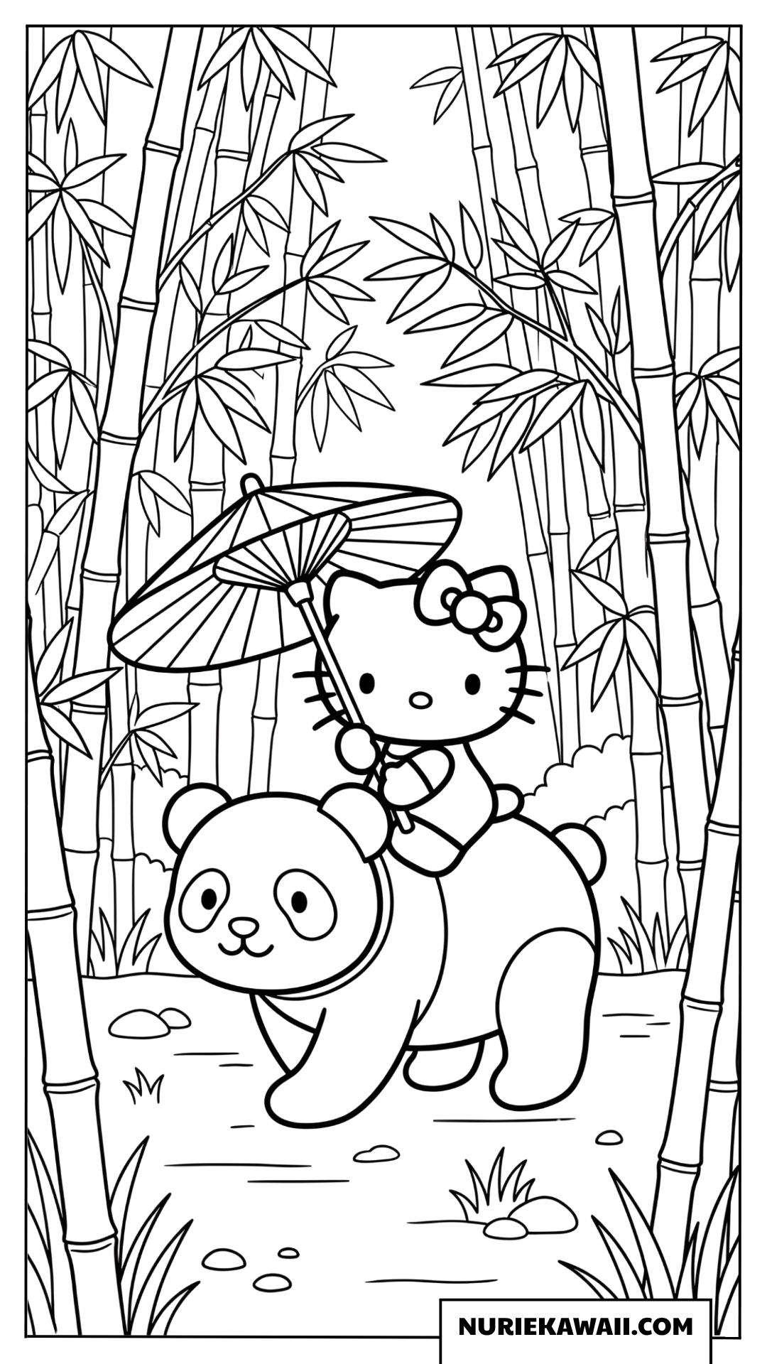 パンダに乗って竹林を散歩するハローキティの塗り絵
