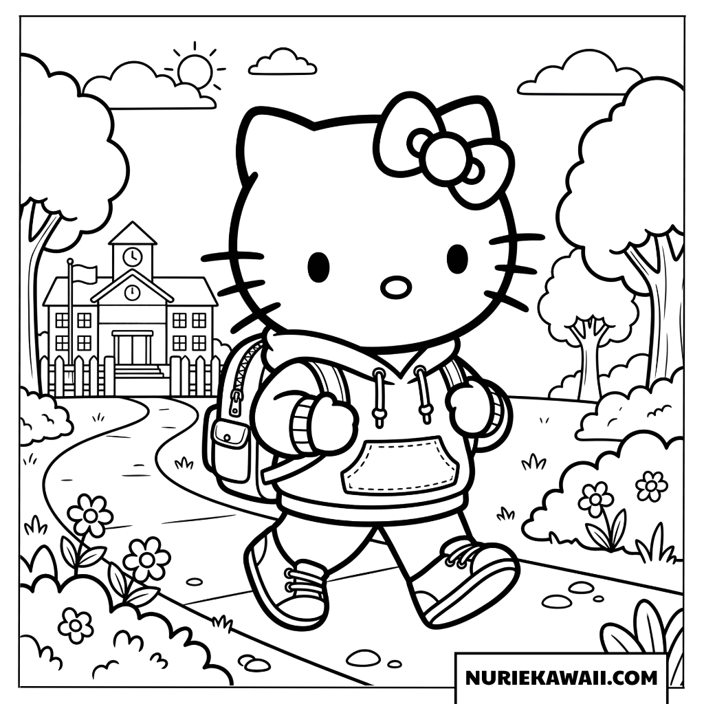 パーカーを羽織って登校するハローキティの塗り絵