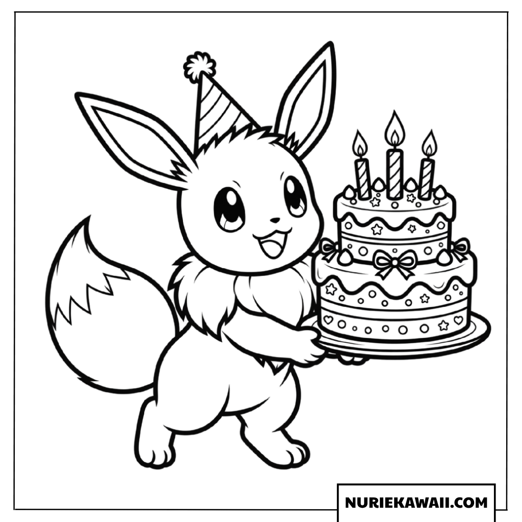 パーティーハットを被りお祝いのケーキを運ぶイーブイの塗り絵