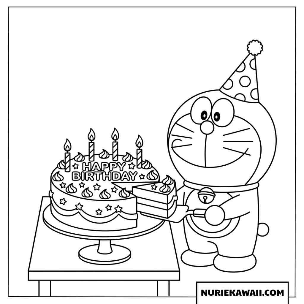 パーティーハットを被りケーキをカットするドラえもんの塗り絵