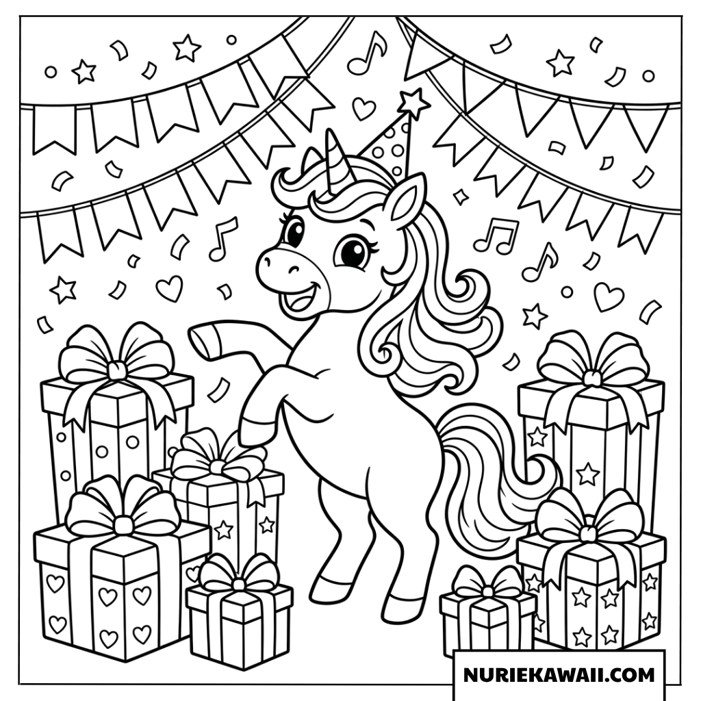 パーティーハットを被りプレゼントの中で踊るユニコーンの塗り絵