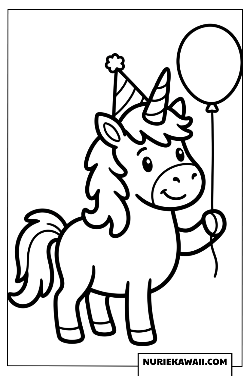 パーティーハットを被り風船を持っているユニコーンの塗り絵