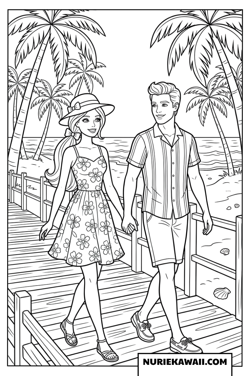 ビーチを散歩するバービーとケンの夏の塗り絵
