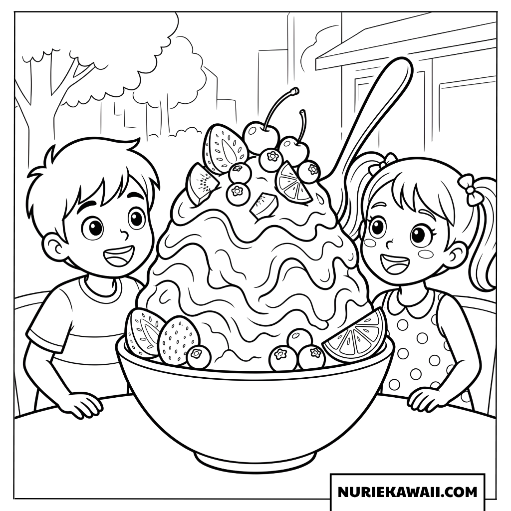 フルーツたっぷりの大きなかき氷を囲む子供たちの塗り絵