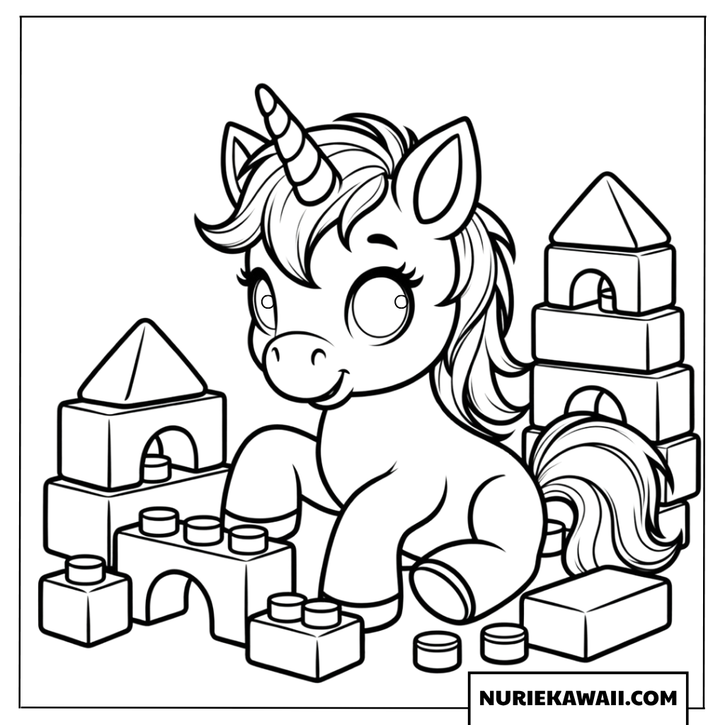 ブロックで遊ぶ赤ちゃんユニコーンの塗り絵