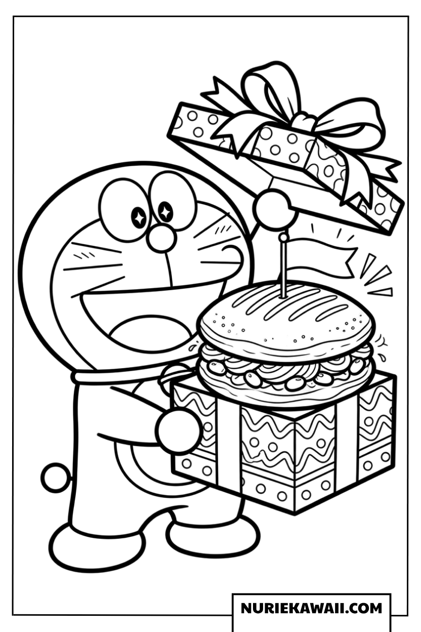プレゼントの箱から大きな どら焼きが出てきて驚くドラえもんの塗り絵