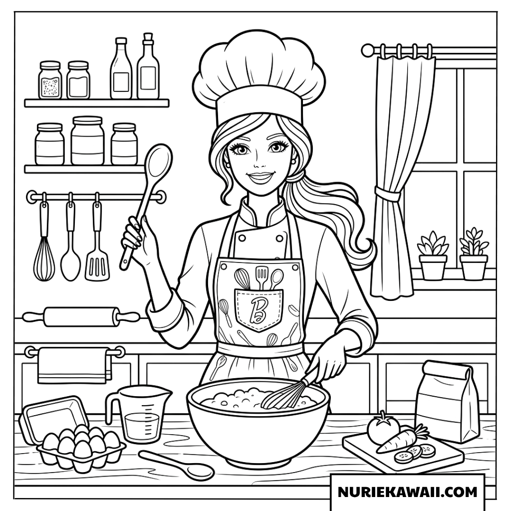 プロのシェフ姿で料理を作るバービーの塗り絵