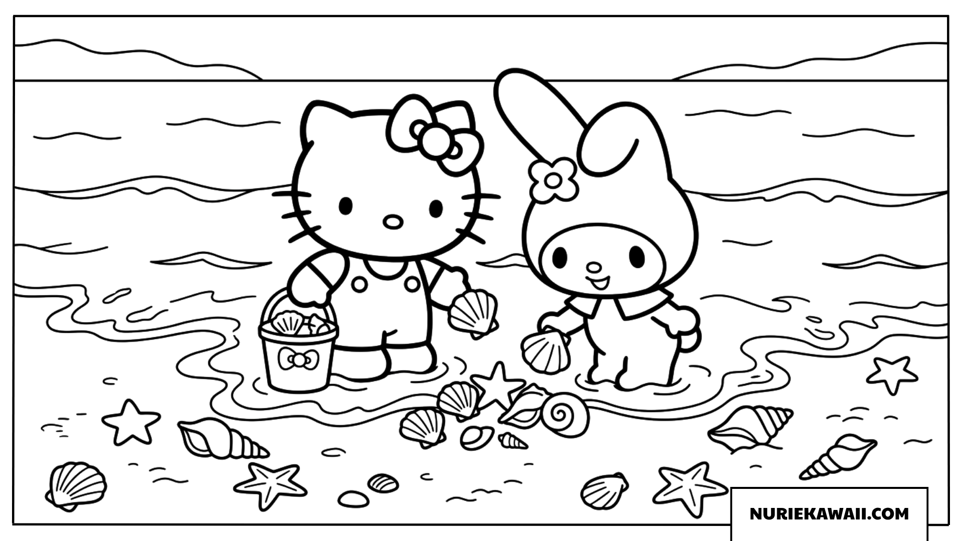 マイメロディとハローキティが海岸で貝殻拾いをする塗り絵
