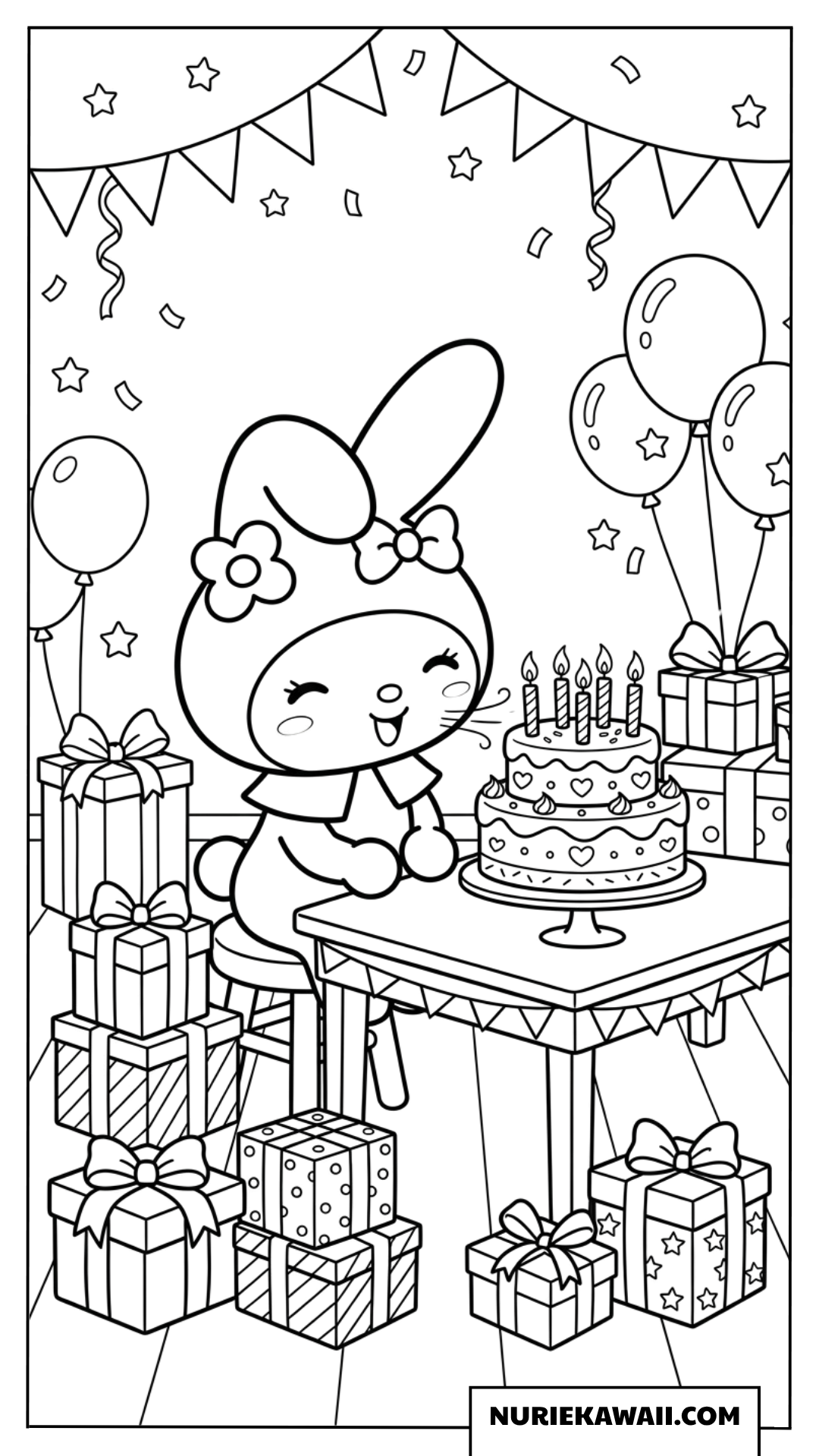 マイメロディのお誕生日パーティーとケーキのろうそく消し塗り絵