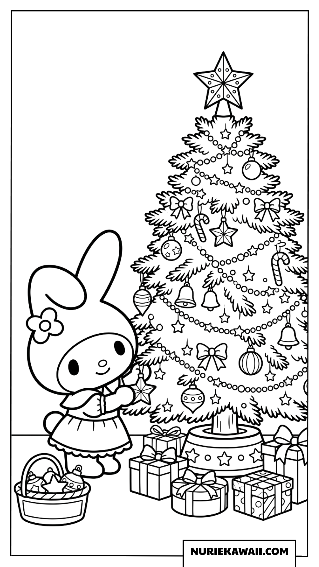 マイメロディのクリスマスツリー飾り付けとプレゼント塗り絵