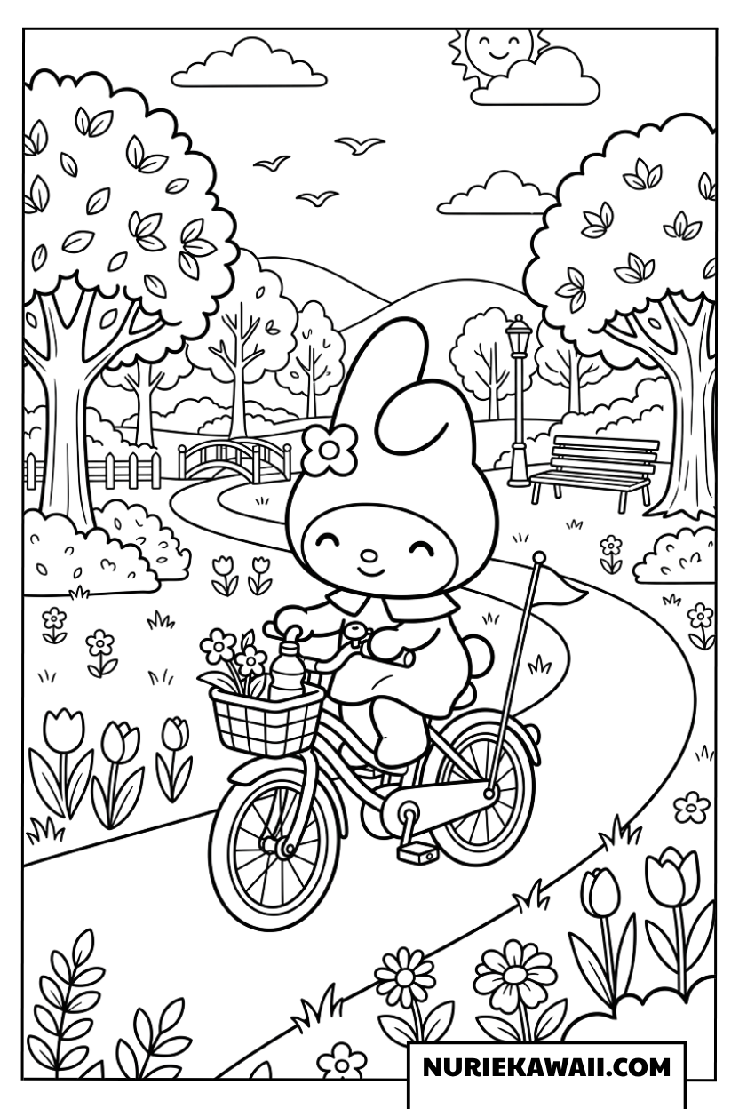 マイメロディの公園でお花に囲まれた自転車散歩塗り絵