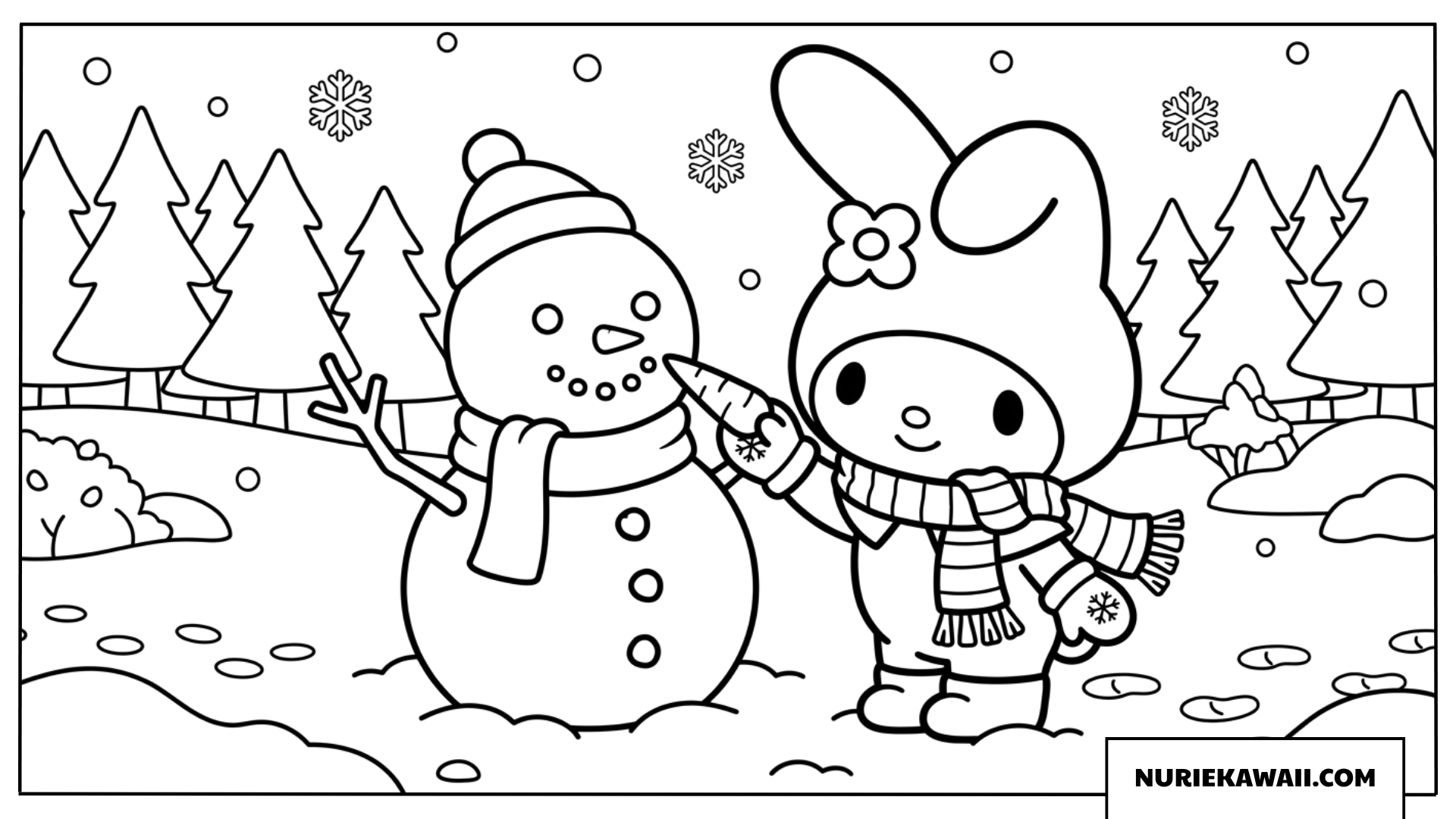 マイメロディの冬の雪だるま作り可愛い塗り絵