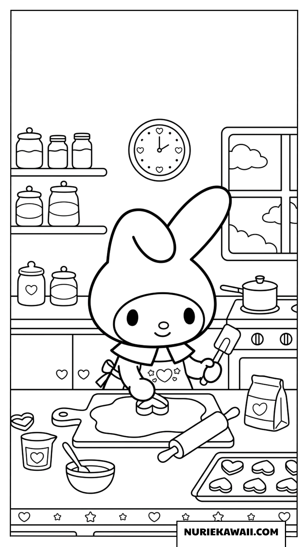 マイメロディの台所でのハートのクッキー作り塗り絵