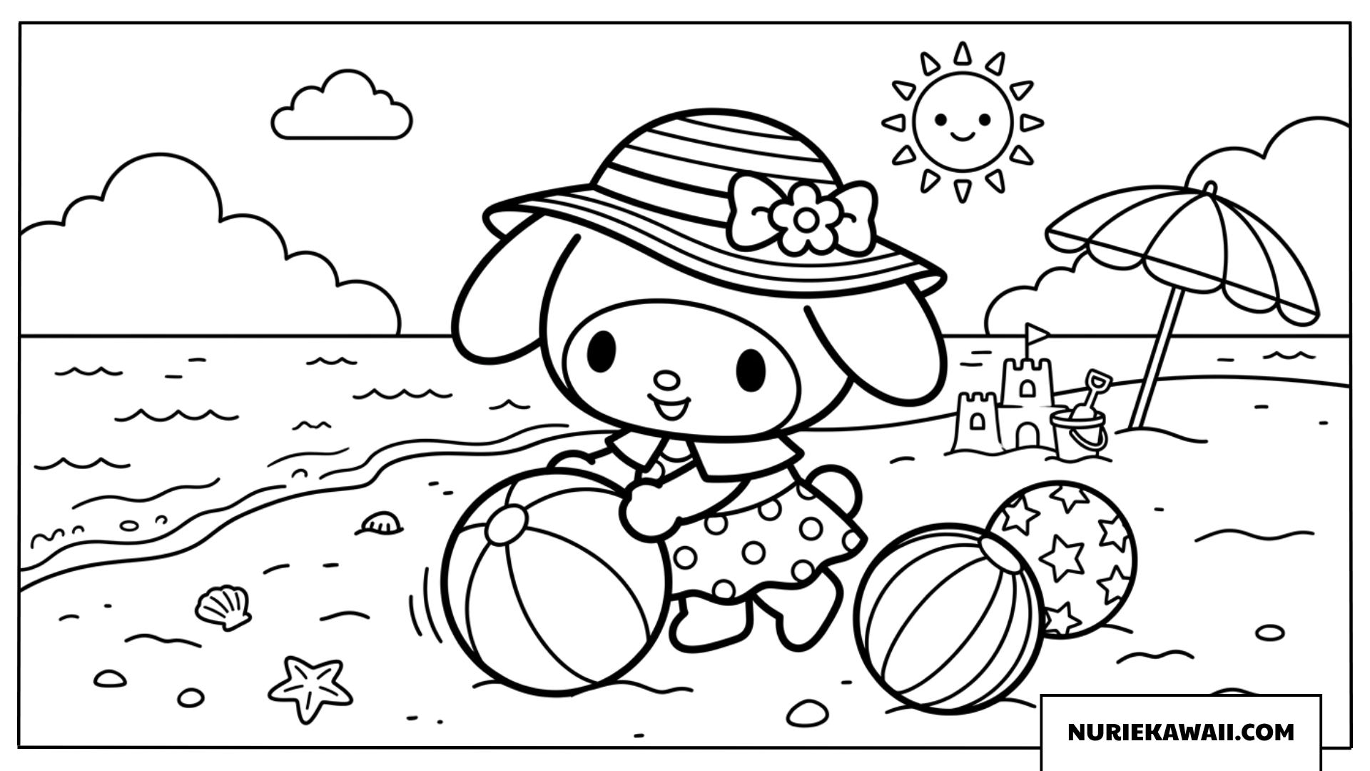 マイメロディの夏のビーチボール遊び楽しい塗り絵