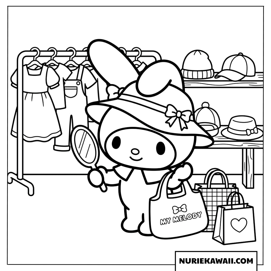 マイメロディの楽しいお洋服と帽子のショッピング塗り絵