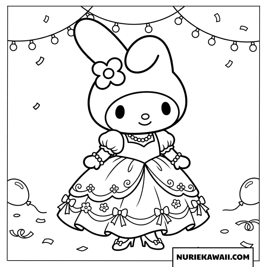 マイメロディの華やかなパーティードレス姿の塗り絵
