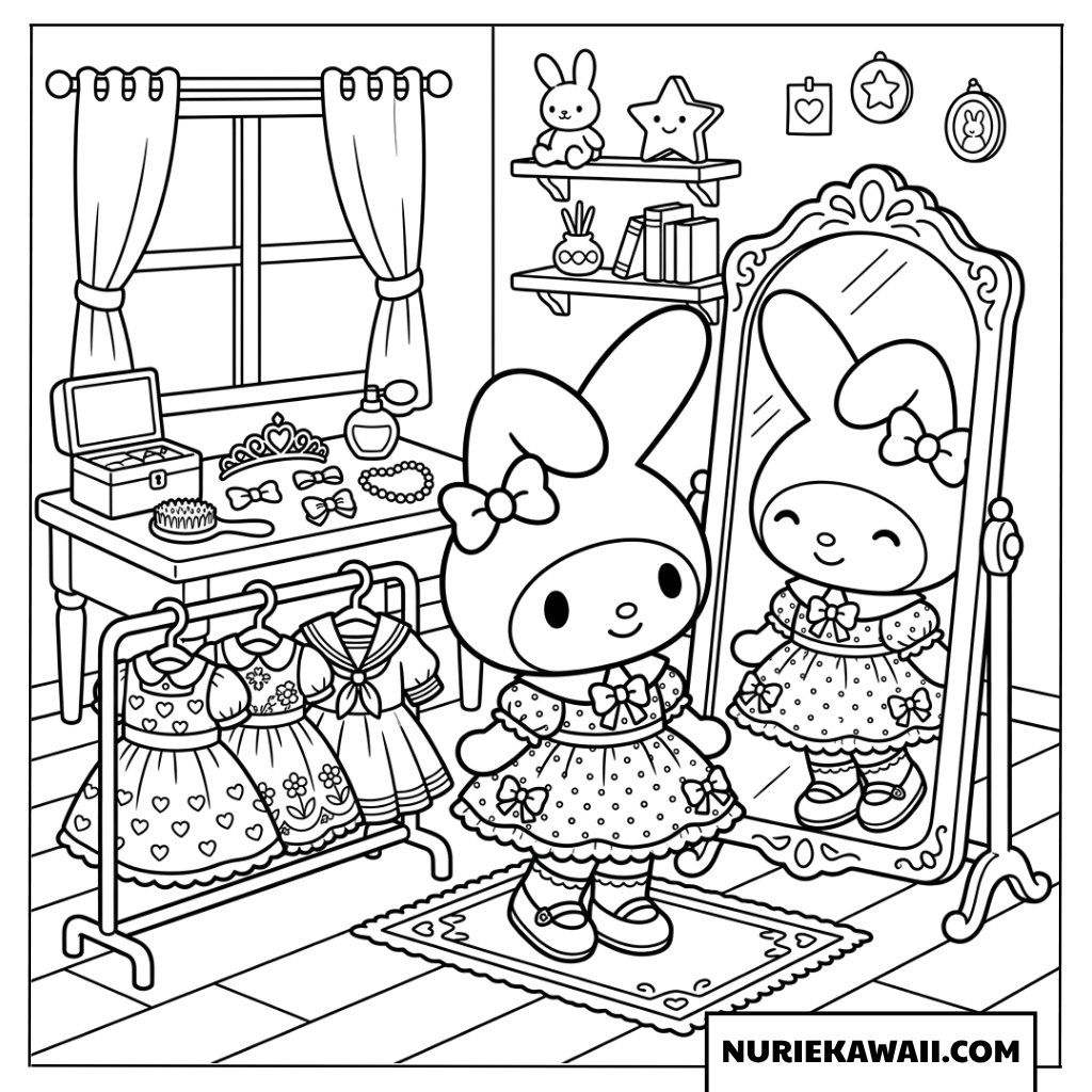 マイメロディの鏡の前でお洒落なドレス試着塗り絵