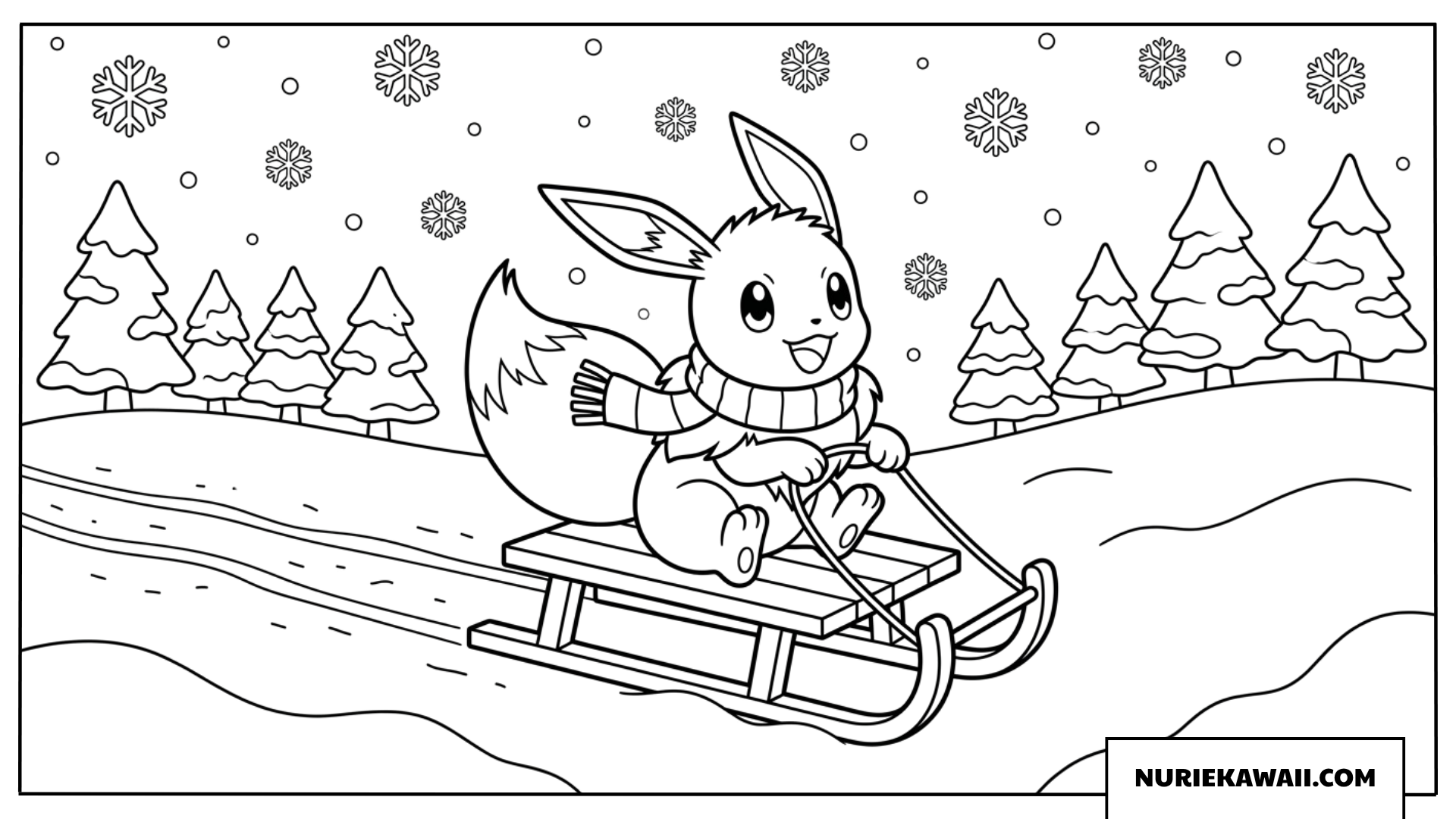 マフラーを巻いて雪山でそり遊びを楽しむイーブイの塗り絵