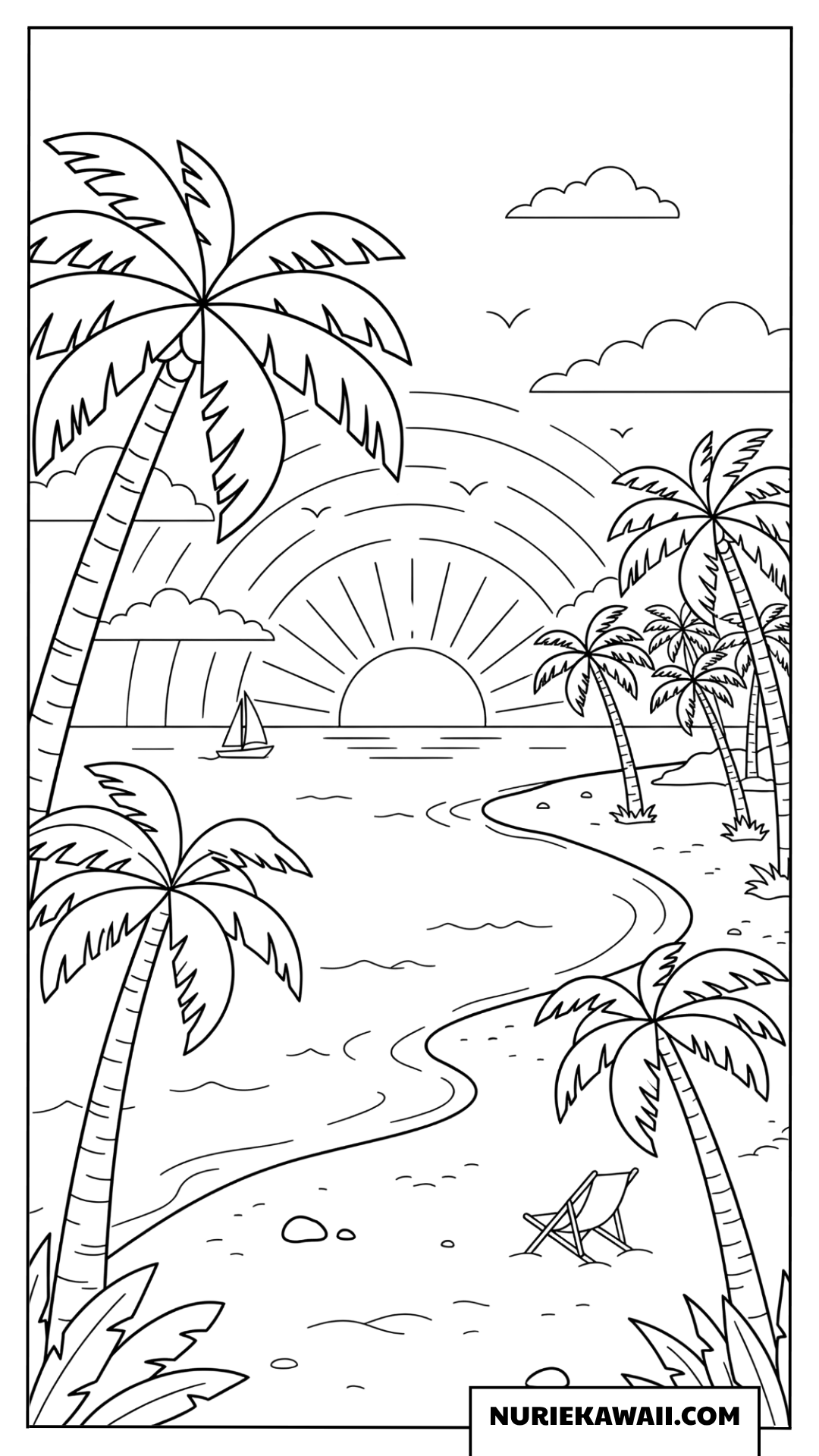 ヤシの木と水平線に沈む夕日のビーチ塗り絵