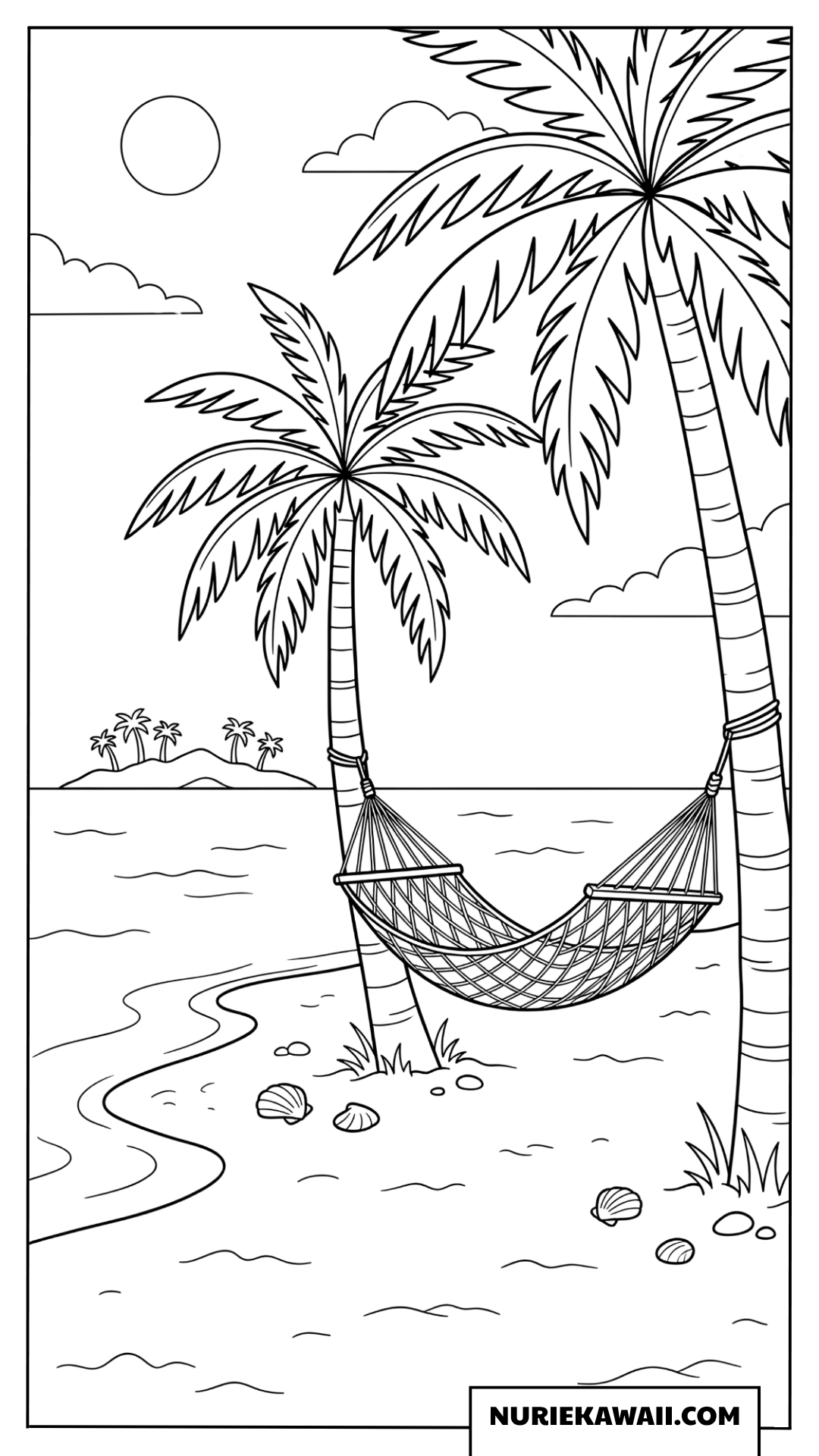 ヤシの木に吊るされたハンモックと静かな海の塗り絵