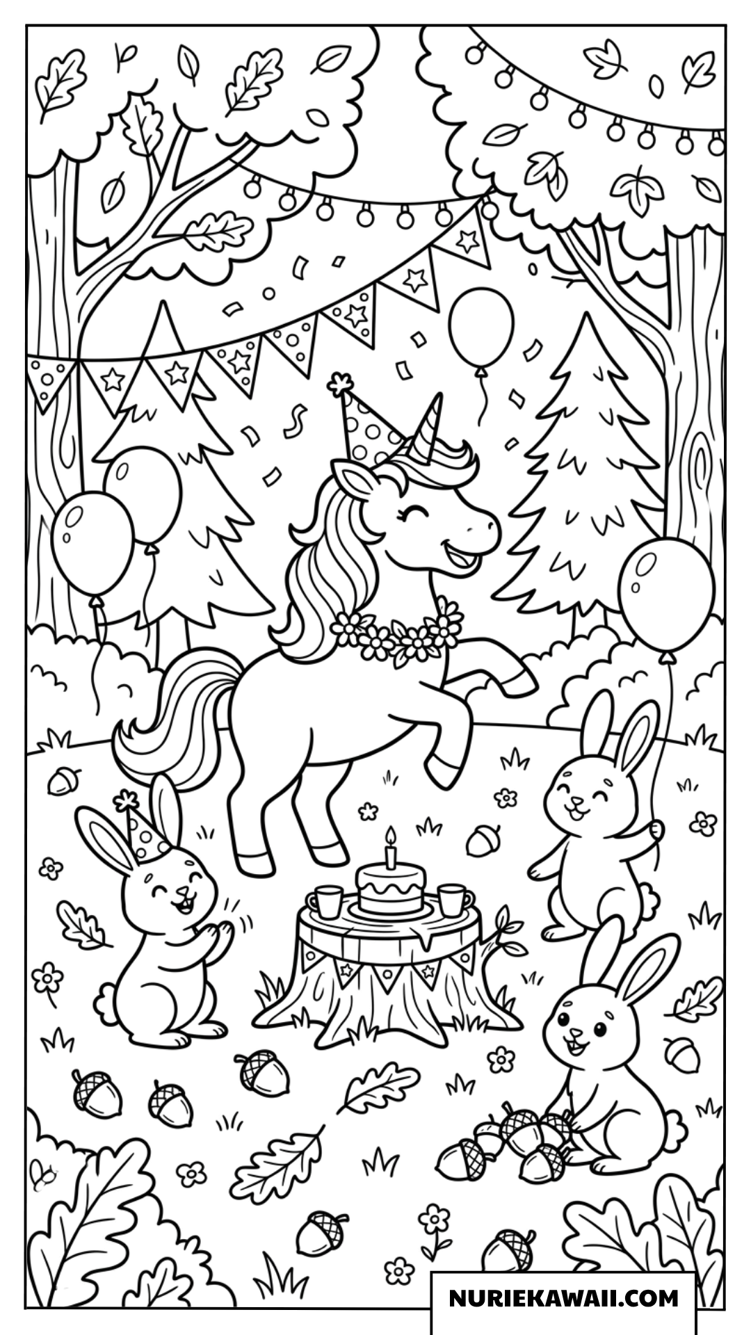 ユニコーンとうさぎたちの森のお祝い塗り絵
