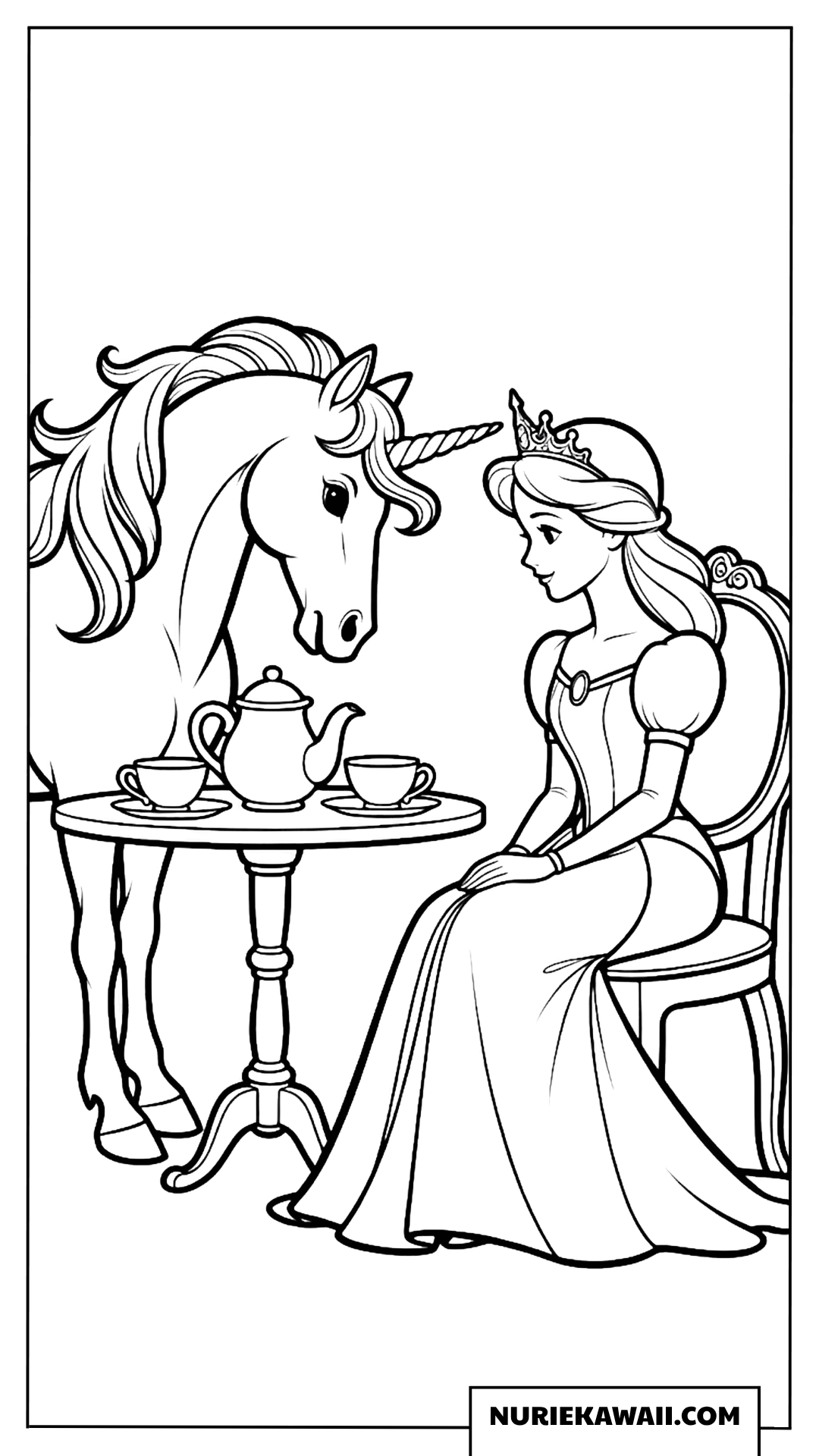 ユニコーンとお姫様のお茶会塗り絵