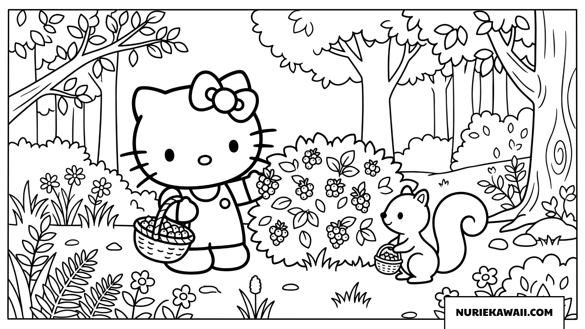 リスさんと一緒にベリーを収穫するハローキティの塗り絵