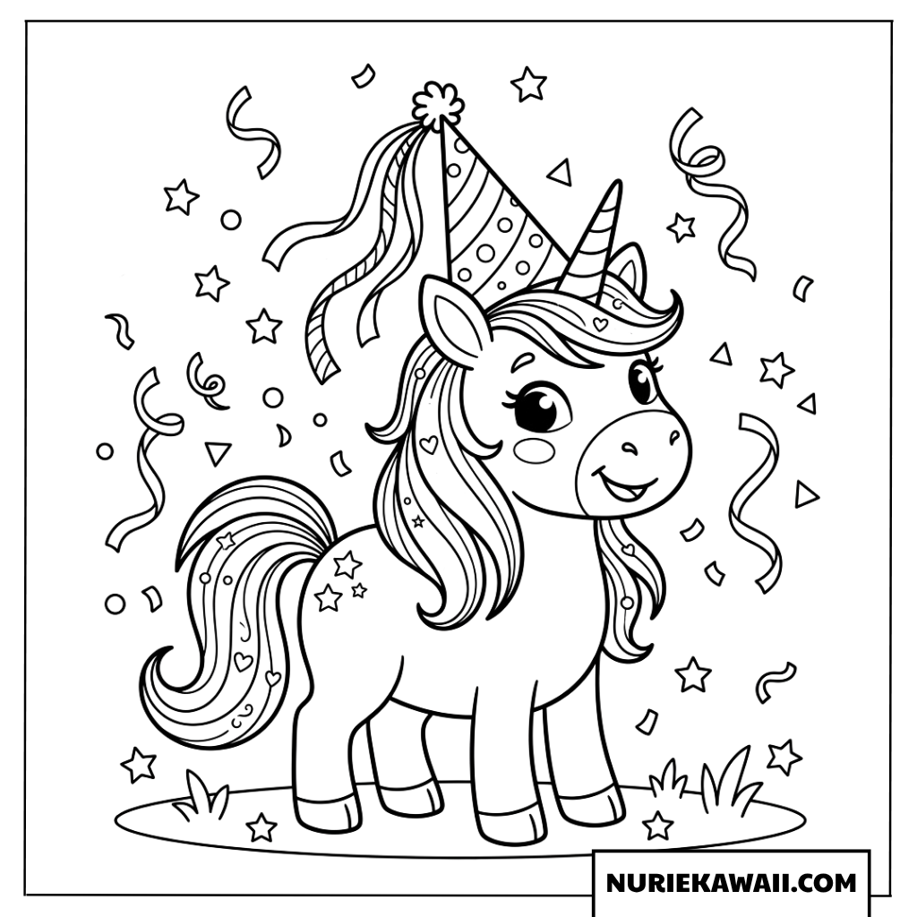 リボンと星の雨の中で微笑む楽しそうなユニコーンの塗り絵