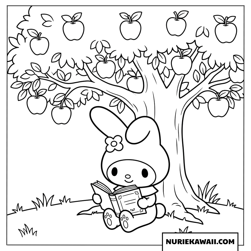 リンゴの木の下で本を読むマイメロディの塗り絵