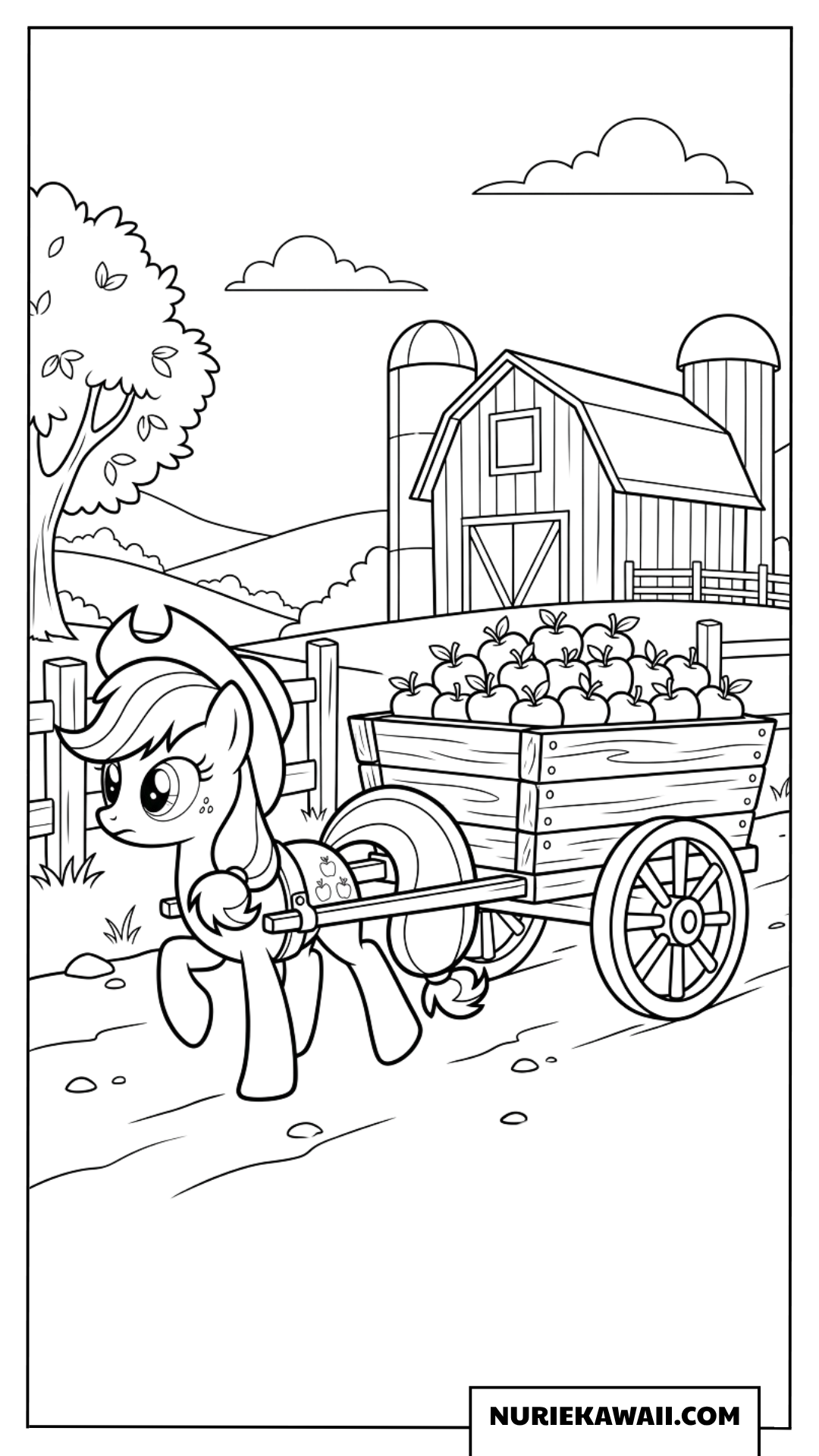 リンゴをいっぱいに積んだ車を引きずるアップルジャックの塗り絵