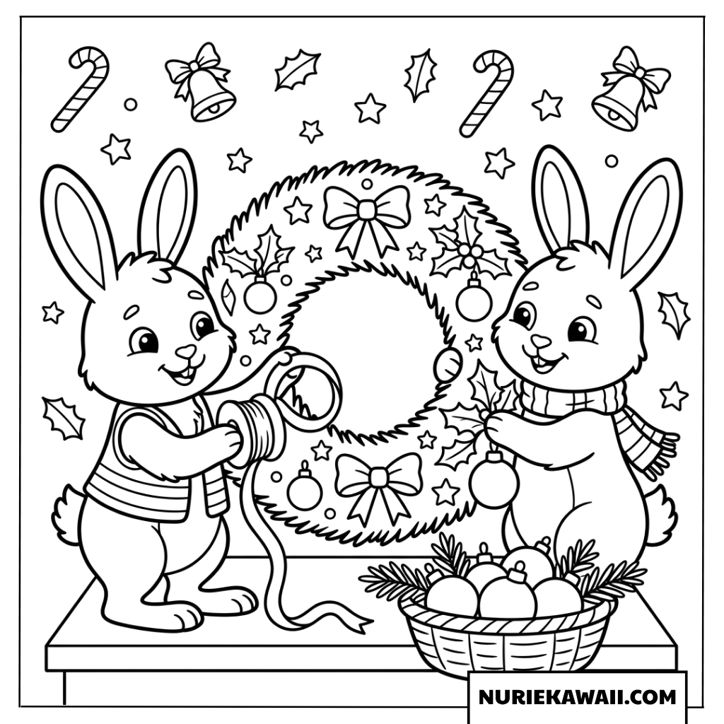 リースを手作りする二匹のうさぎ 塗り絵