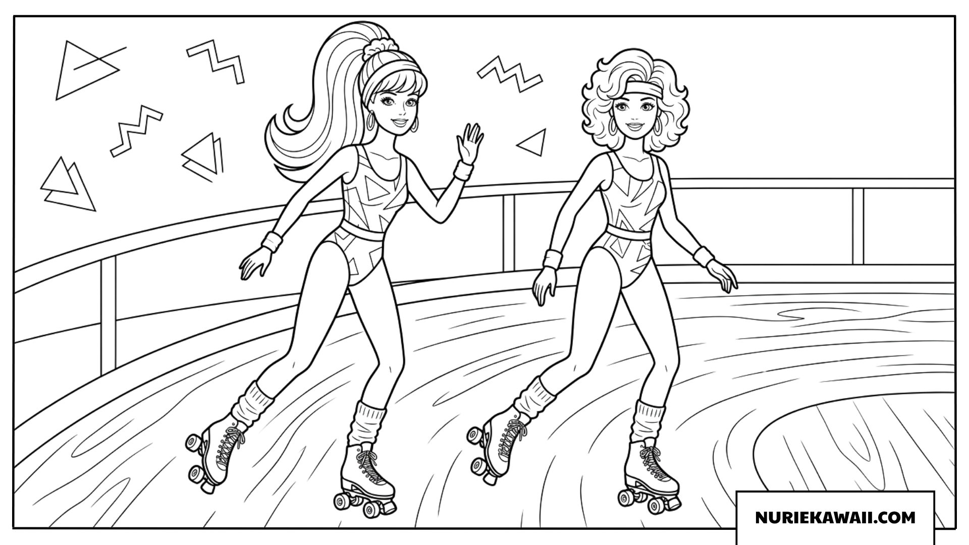 レトロなローラースケートを楽しむバービー達の塗り絵