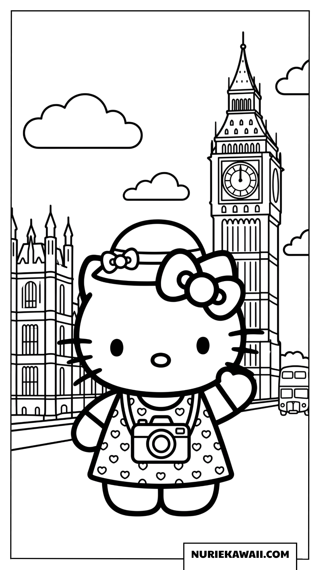 ロンドンのビッグベンをバックに観光するハローキティの塗り絵