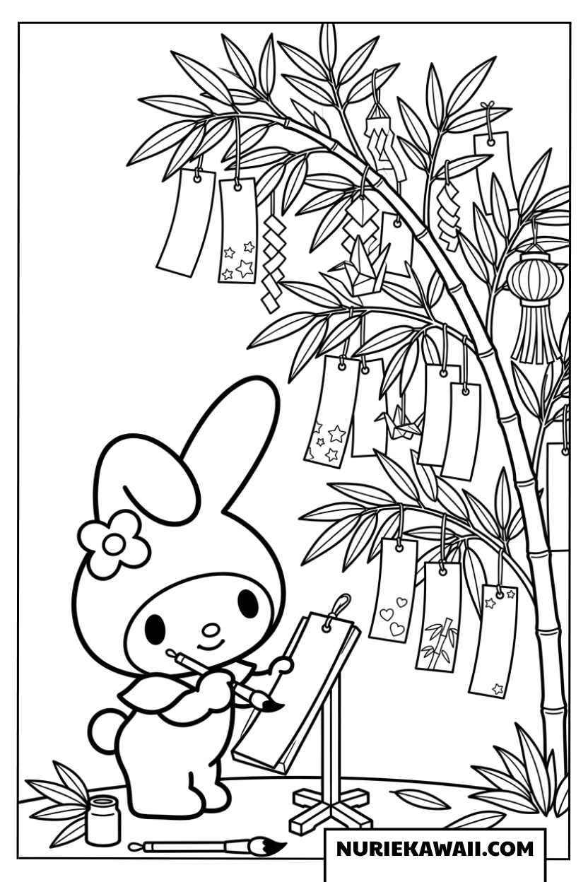 七夕の笹飾りの前で願い事を書くマイメロディの塗り絵