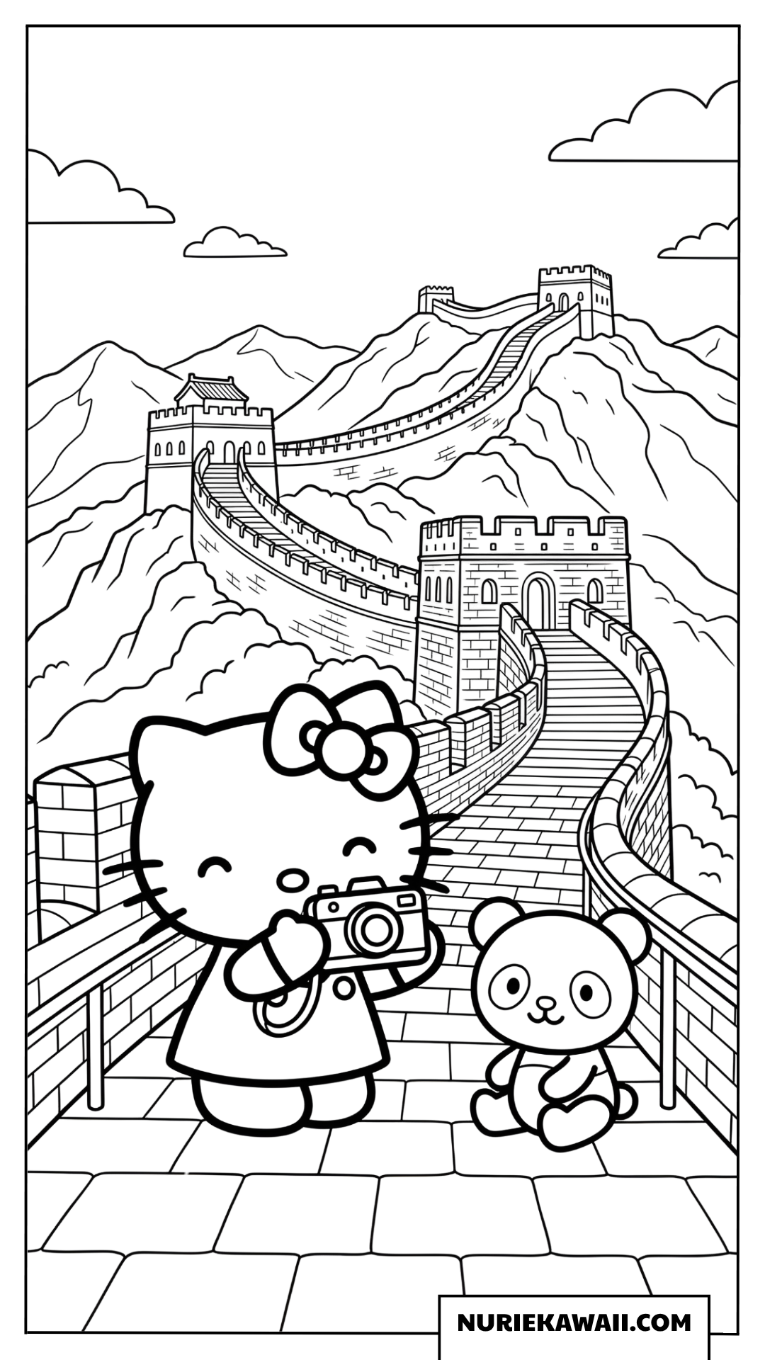 万里の長城でパンダと一緒に写真を撮るハローキティの塗り絵