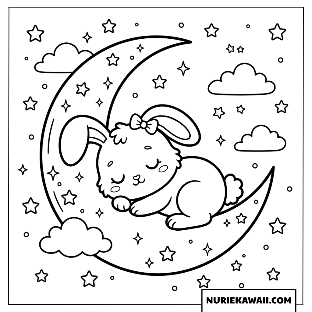 三日月に横たわる眠いウサギの塗り絵