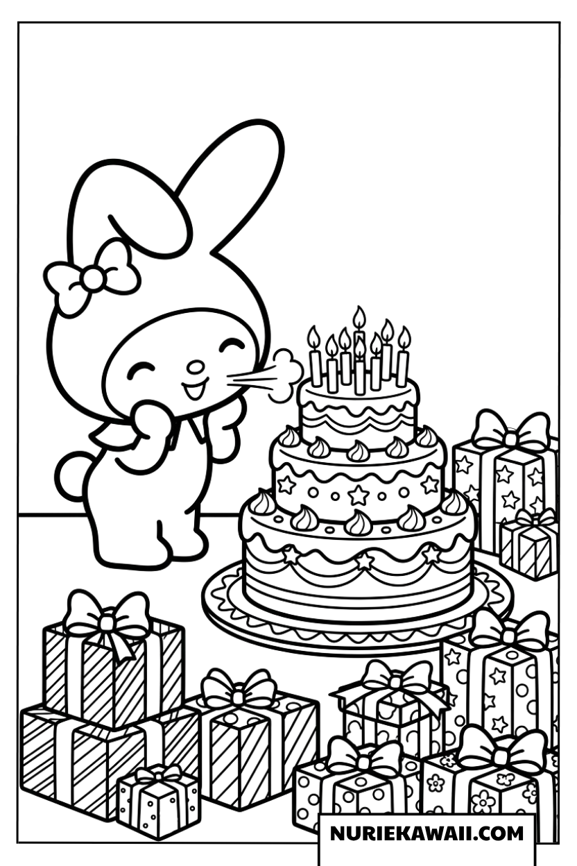 三段のバースデーケーキのろうそくを吹き消すマイメロディの塗り絵