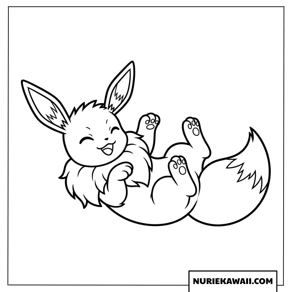 仰向けに寝転んで元気に遊ぶイーブイの塗り絵