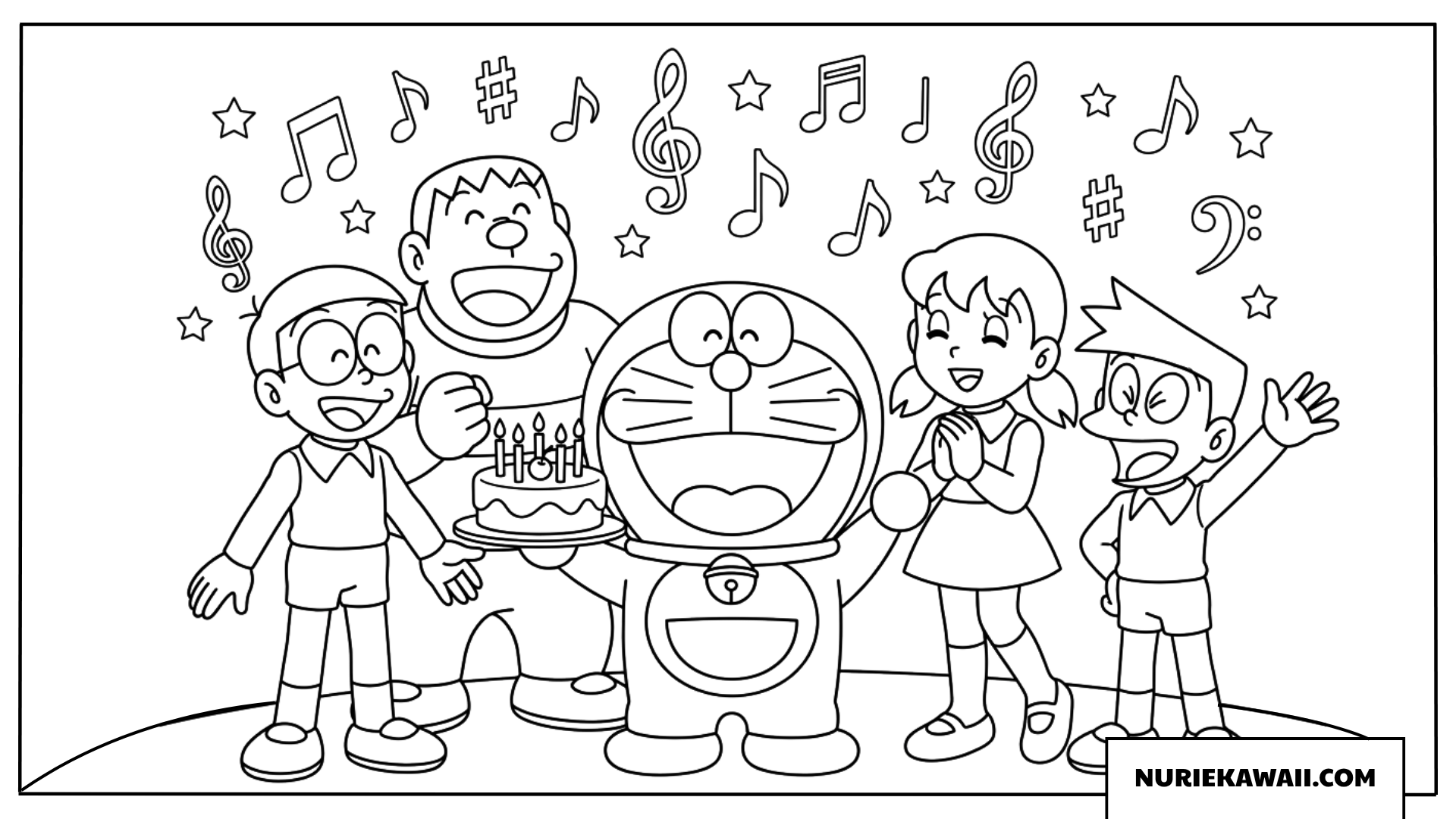 仲間たちと一緒に歌って誕生日をお祝いするドラえもんの塗り絵