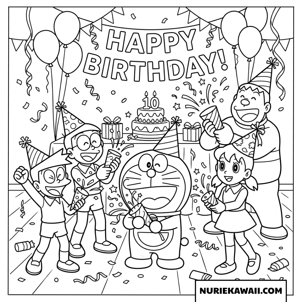 仲間たちと一緒に誕生日を祝うにぎやかなドラえもんの塗り絵