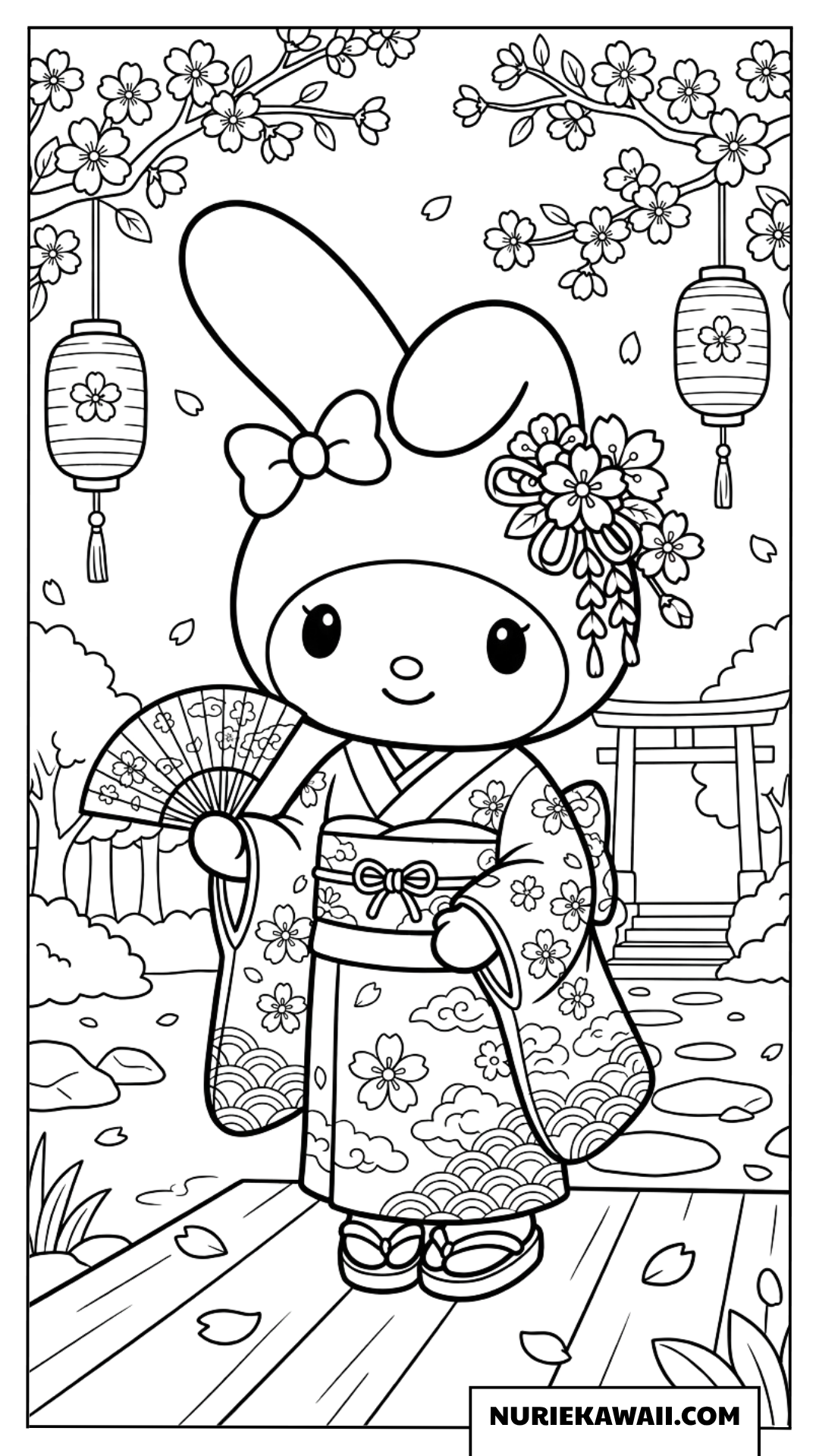 伝統的な桜の着物を着たマイメロディの塗り絵