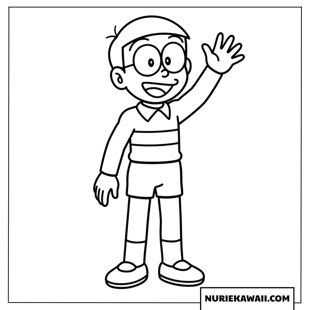 元気に手を振るのび太の塗り絵