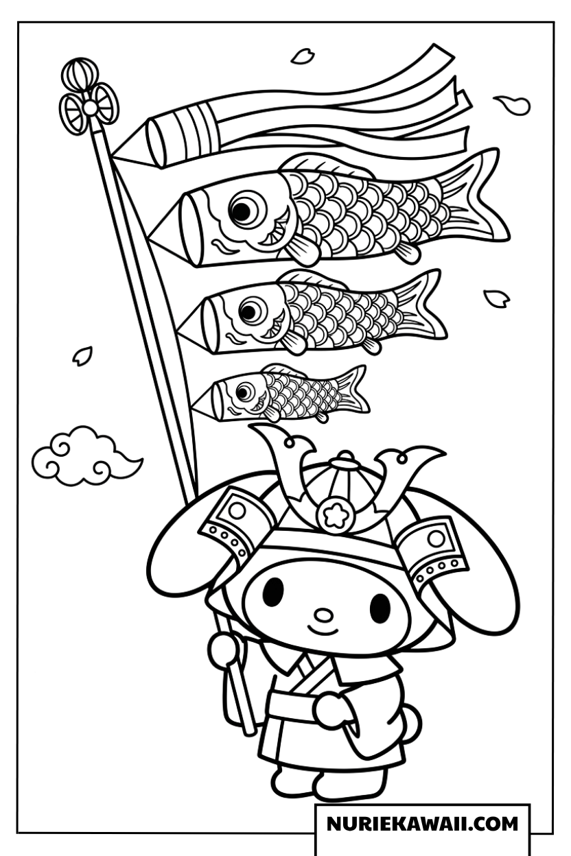 兜を被り鯉のぼりを持つ端午の節句のマイメロディの塗り絵