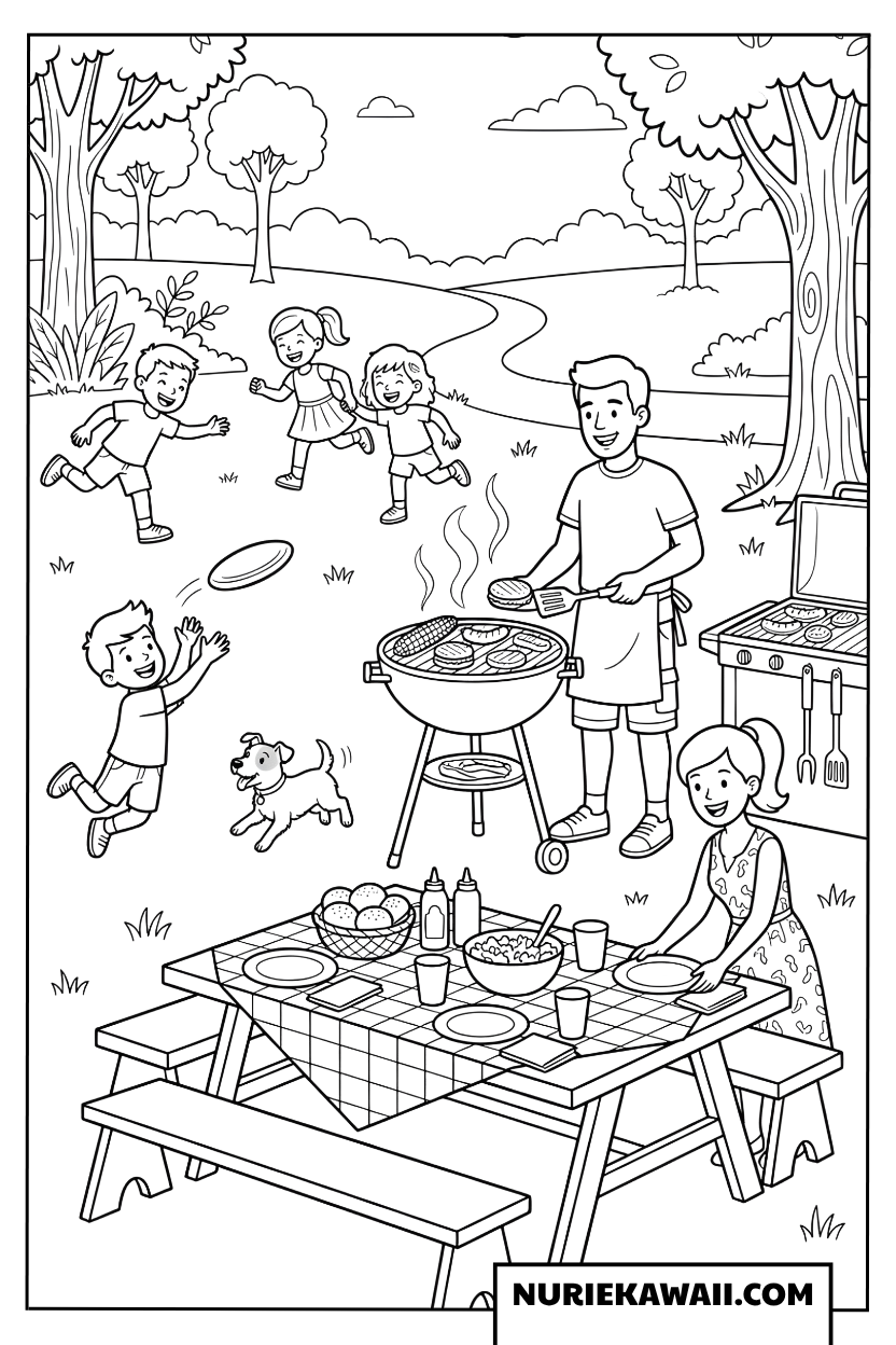 公園でバーベキューをしながら家族で元気に遊ぶ週末の塗り絵