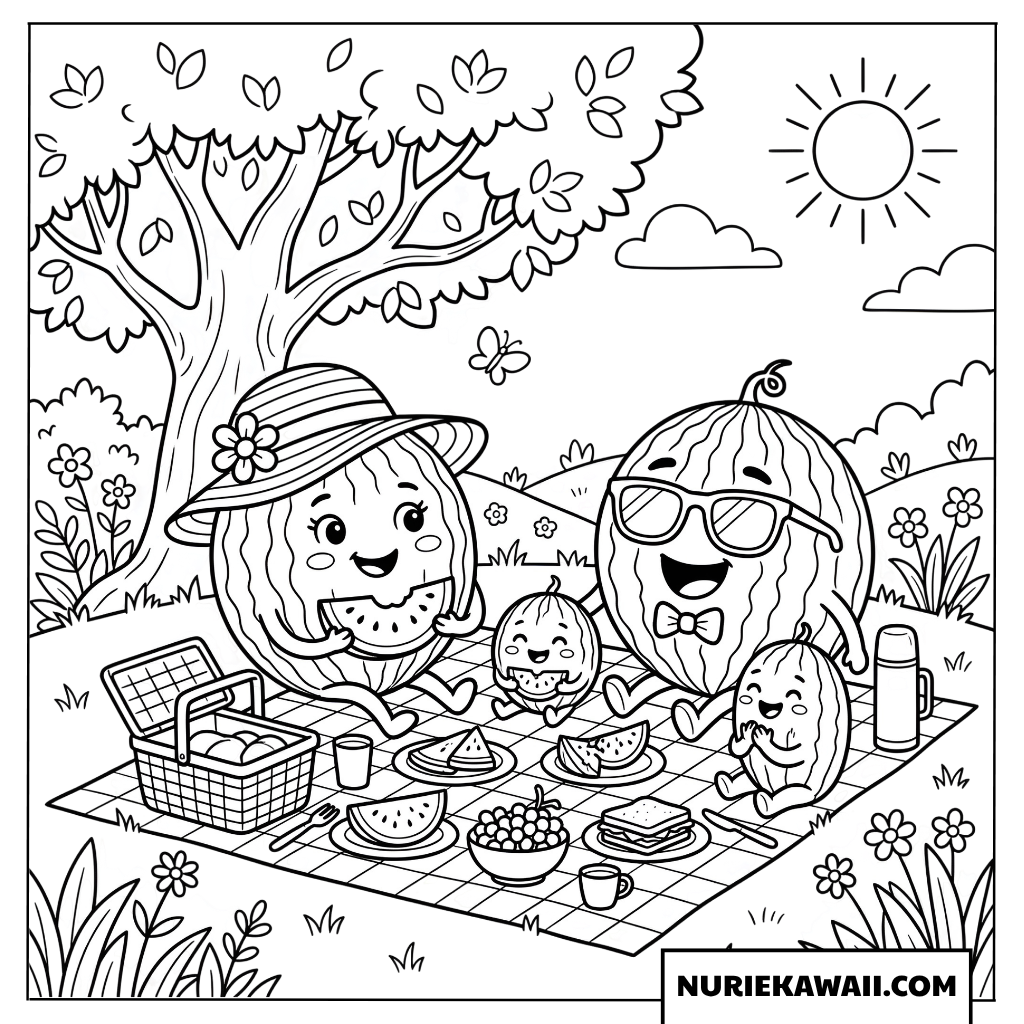 公園でピクニックをするスイカ家族の塗り絵