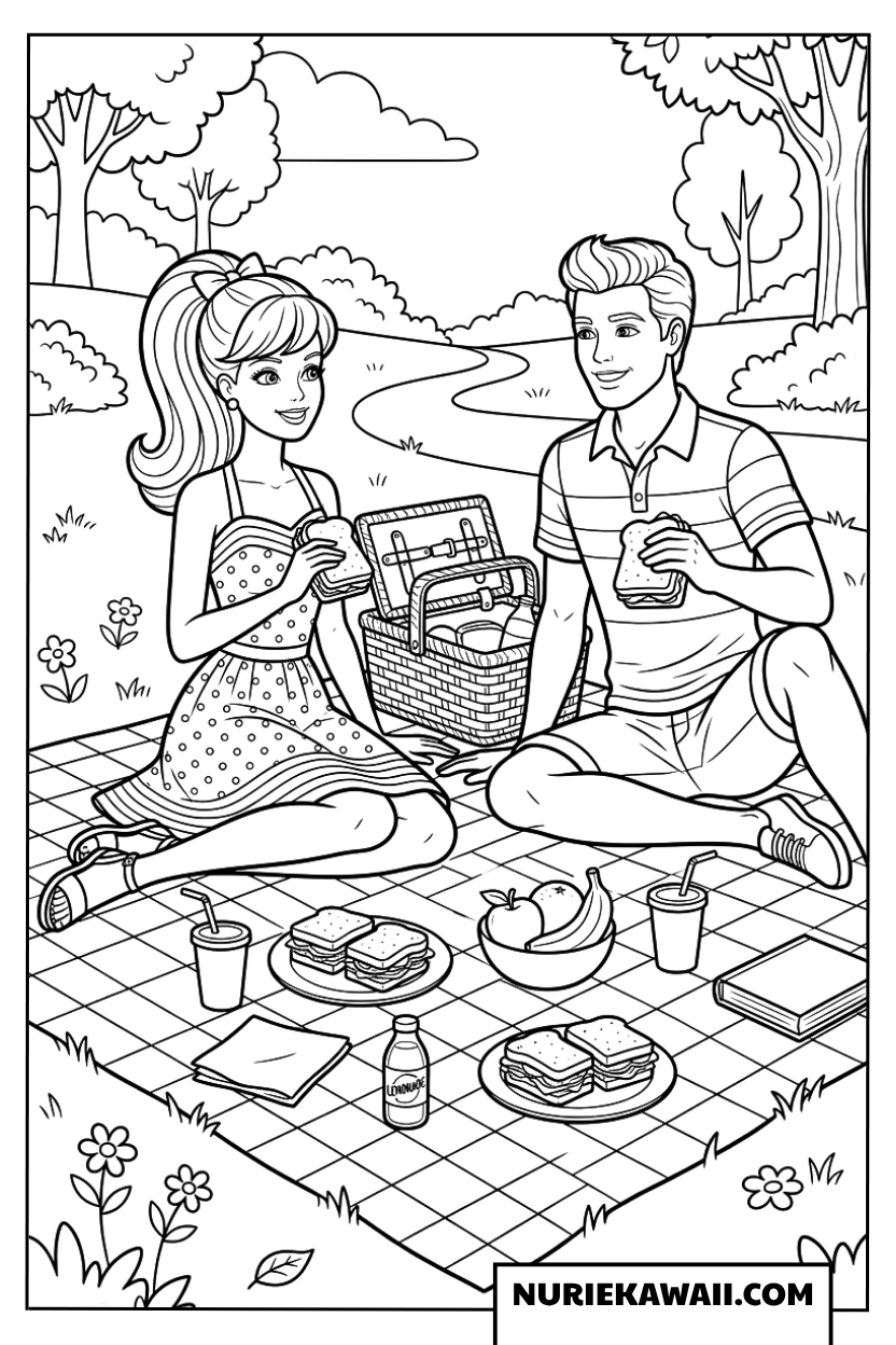公園でピクニックをするバービーとケンの塗り絵