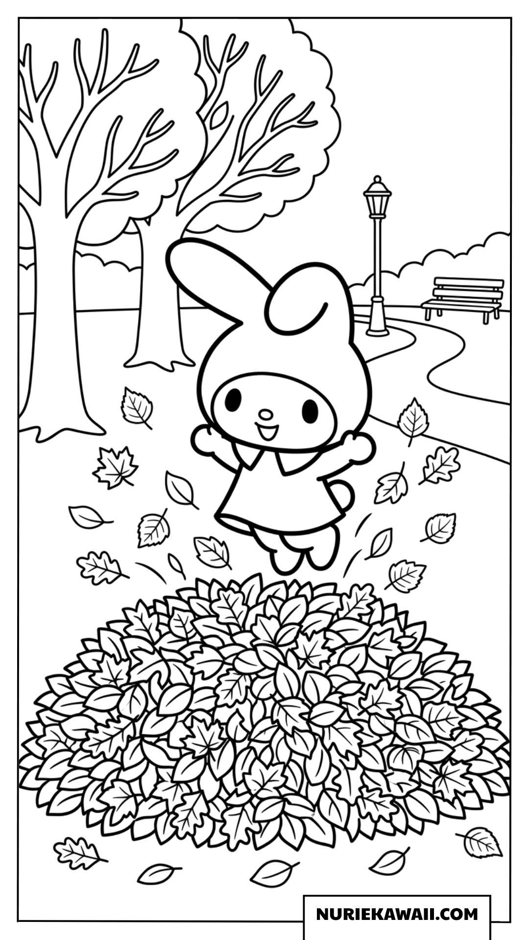 公園で大きな落ち葉の山に飛び込むマイメロディの塗り絵