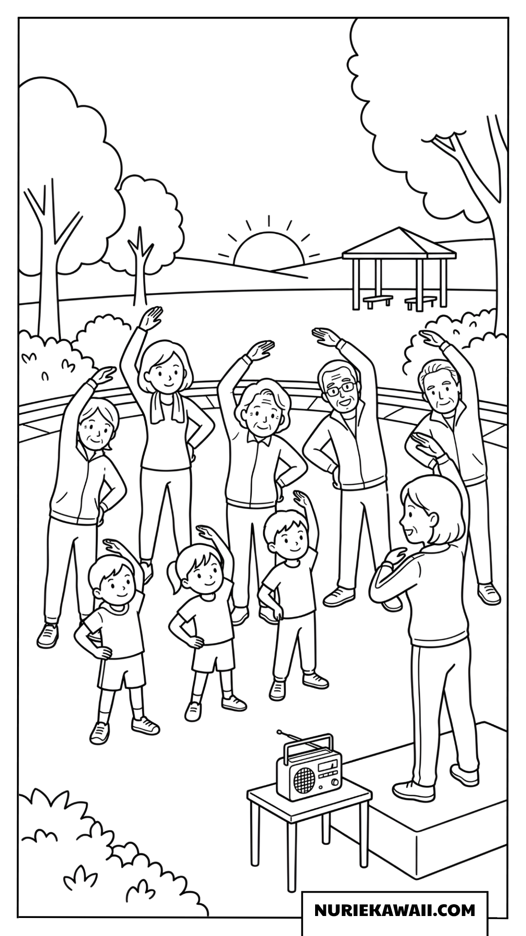 公園で朝のラジオ体操を楽しむ子供と高齢者の塗り絵
