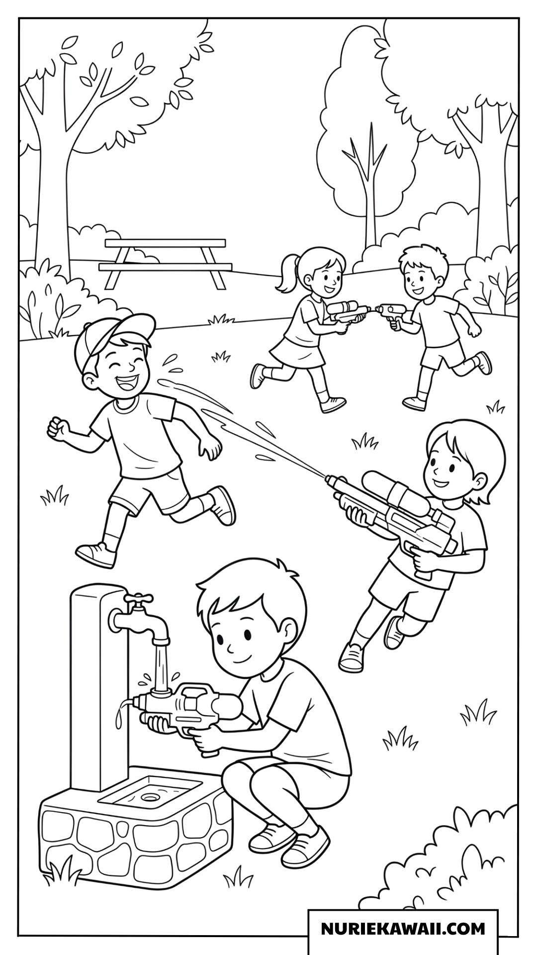 公園で水鉄砲を使って追いかけっこを楽しむ子供たちの元気な塗り絵