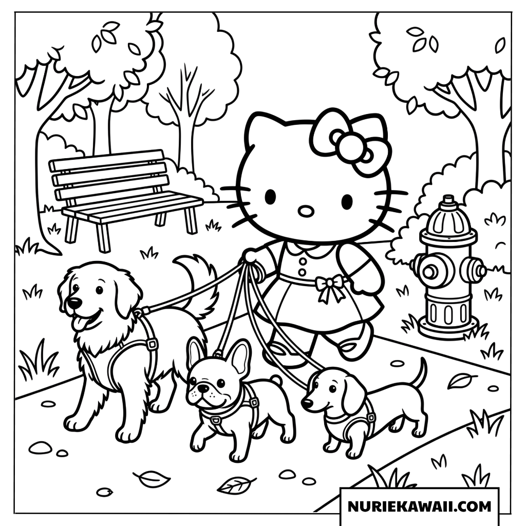公園で犬たちとお散歩するハローキティの塗り絵